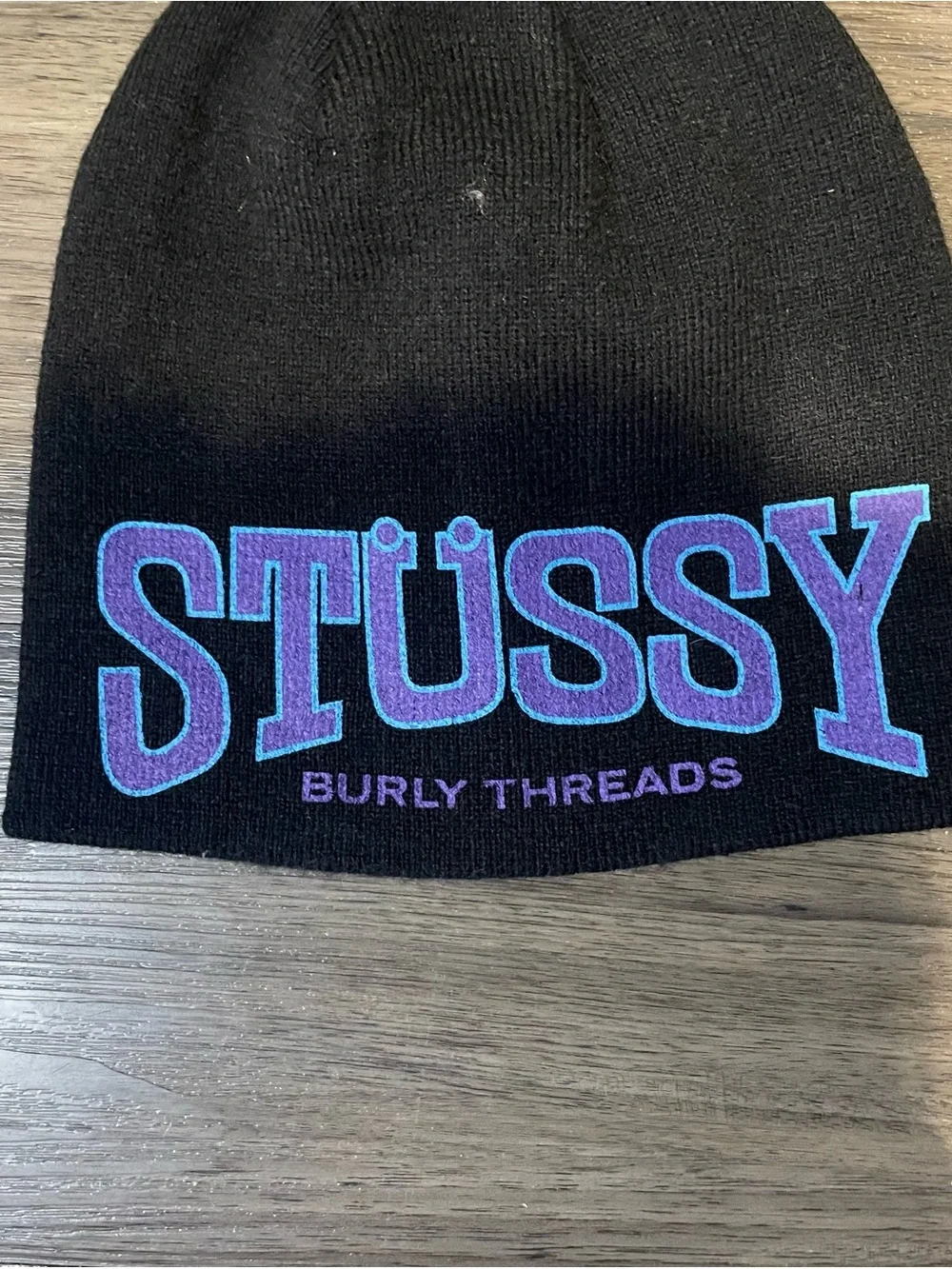 Stussy Black Beanie with Blue-Outlined Purple Logo
